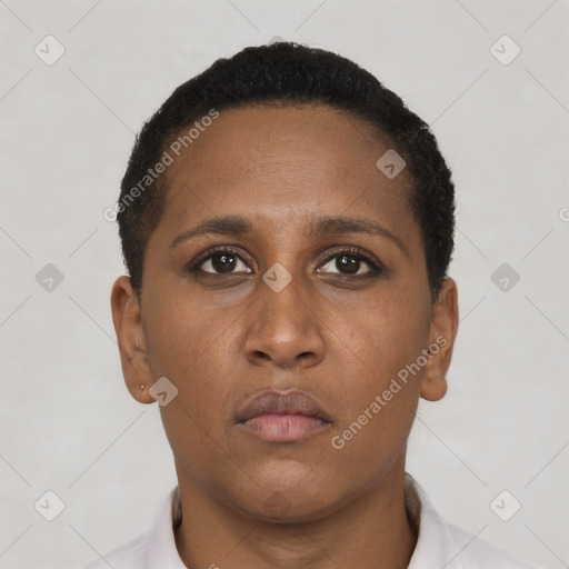 Neutral black young-adult female with short  brown hair and brown eyes