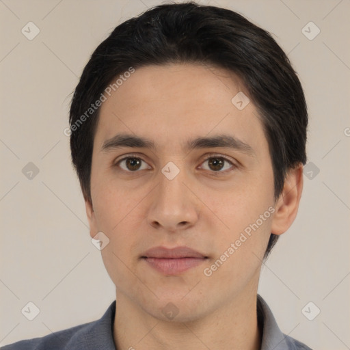 Neutral asian young-adult male with short  black hair and brown eyes