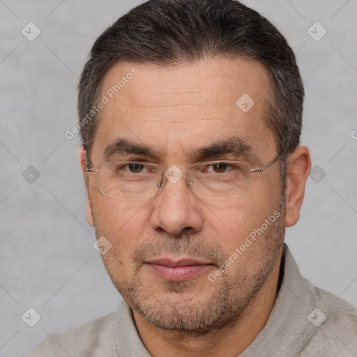 Neutral white adult male with short  brown hair and brown eyes