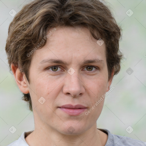 Joyful white adult female with short  brown hair and grey eyes