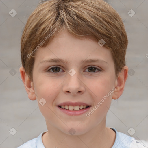 Joyful white child female with short  brown hair and brown eyes