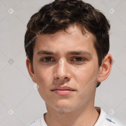 Neutral white young-adult male with short  brown hair and brown eyes