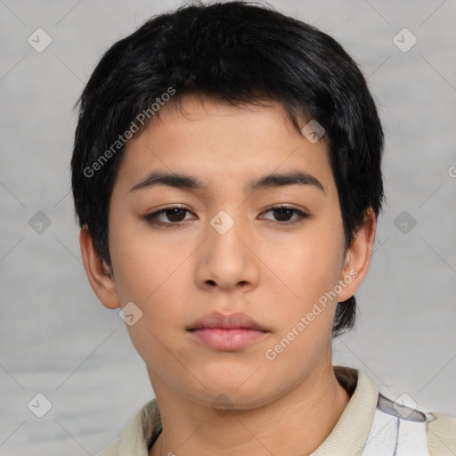 Neutral asian young-adult female with short  black hair and brown eyes