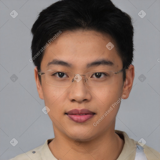 Joyful asian young-adult male with short  black hair and brown eyes