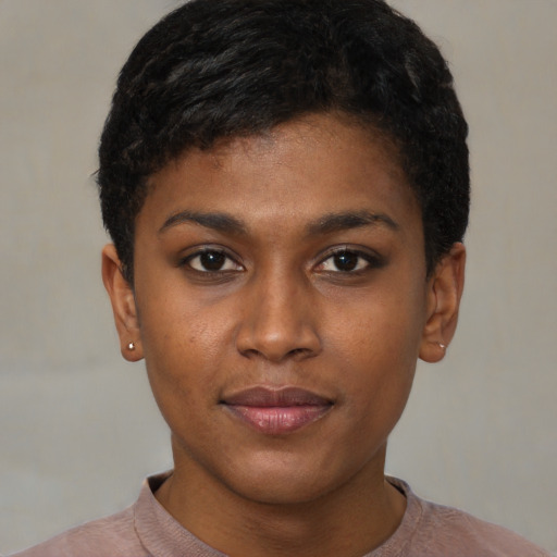 Neutral latino young-adult female with short  black hair and brown eyes