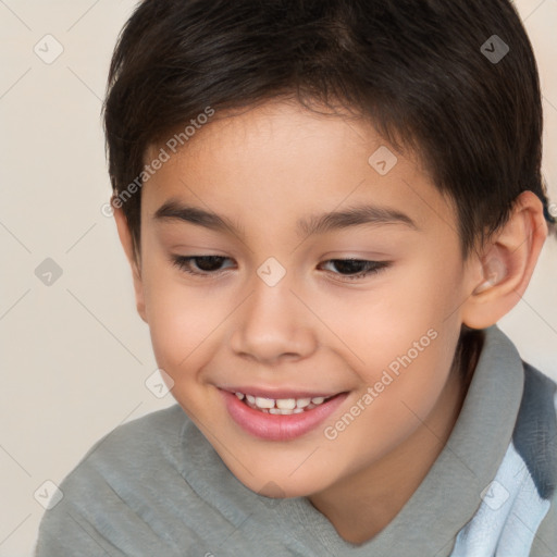 Joyful white child female with short  brown hair and brown eyes