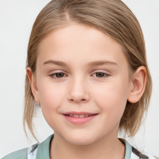 Joyful white child female with medium  brown hair and grey eyes