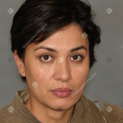 Neutral white adult female with medium  brown hair and brown eyes