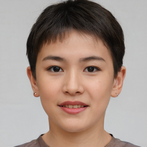 Joyful asian young-adult female with short  brown hair and brown eyes