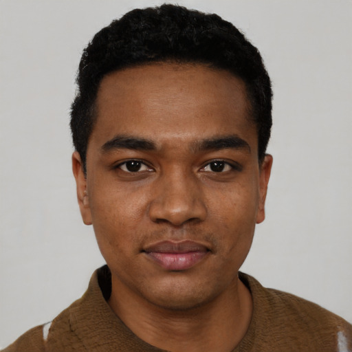 Neutral black young-adult male with short  black hair and brown eyes