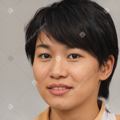 Joyful white young-adult female with medium  brown hair and brown eyes