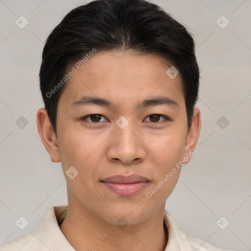 Joyful asian young-adult male with short  brown hair and brown eyes