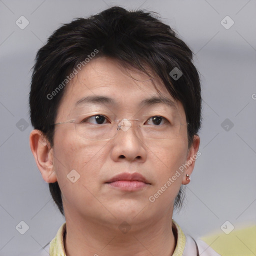 Neutral asian adult male with short  brown hair and brown eyes