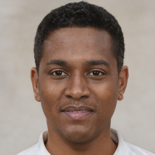 Joyful black young-adult male with short  black hair and brown eyes