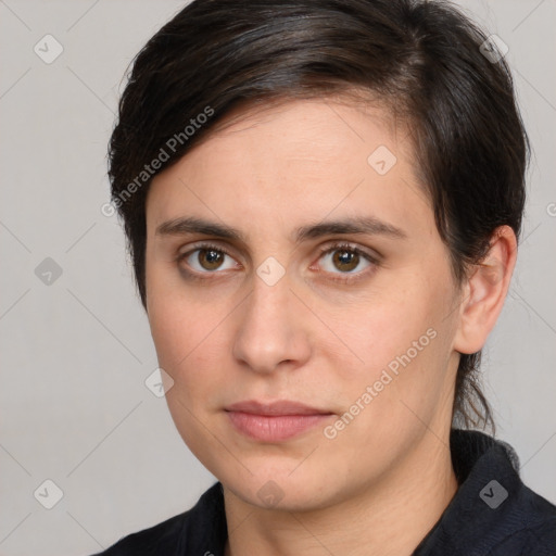 Neutral white young-adult female with medium  brown hair and brown eyes