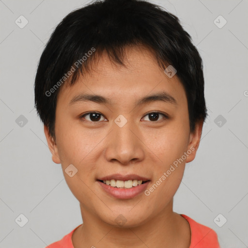 Joyful asian young-adult female with short  brown hair and brown eyes