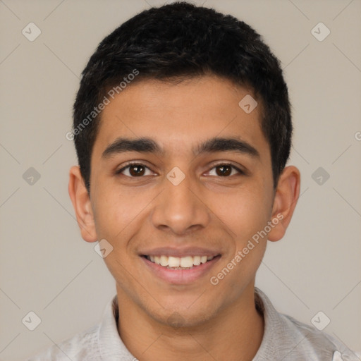 Joyful latino young-adult male with short  black hair and brown eyes