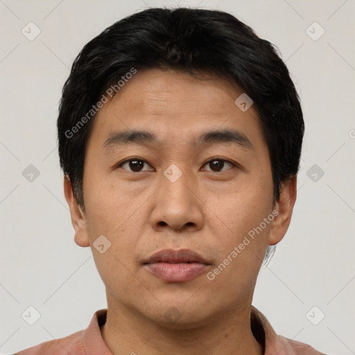 Neutral asian young-adult male with short  brown hair and brown eyes