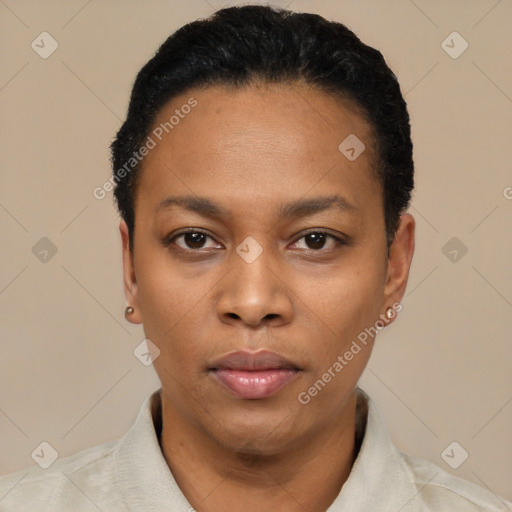 Neutral black young-adult female with short  black hair and brown eyes