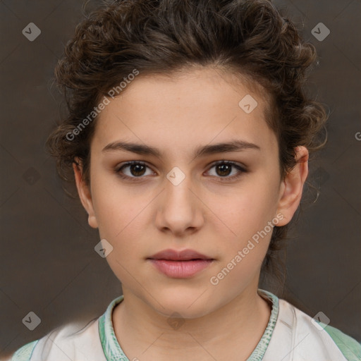 Neutral white young-adult female with short  brown hair and brown eyes