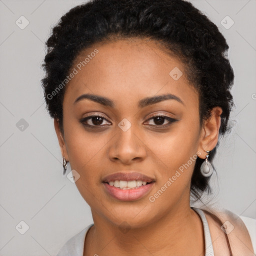 Joyful latino young-adult female with short  black hair and brown eyes