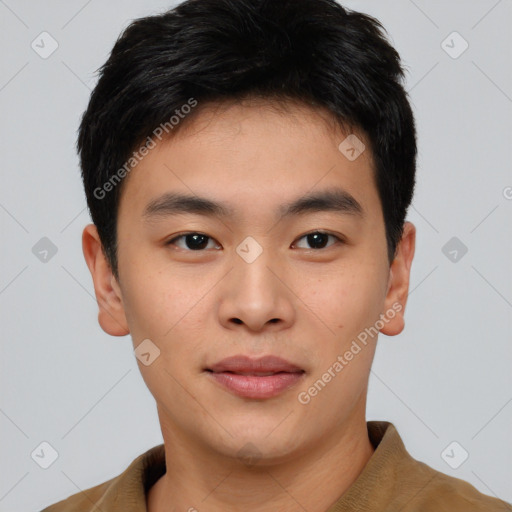 Neutral asian young-adult male with short  brown hair and brown eyes