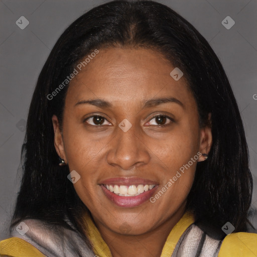 Joyful latino young-adult female with medium  brown hair and brown eyes