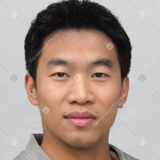 Neutral asian young-adult male with short  black hair and brown eyes