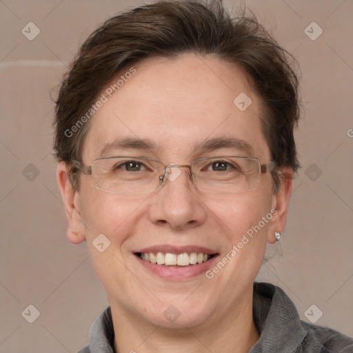 Joyful white adult female with short  brown hair and brown eyes