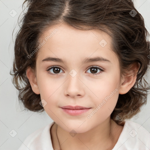 Joyful white child female with medium  brown hair and brown eyes