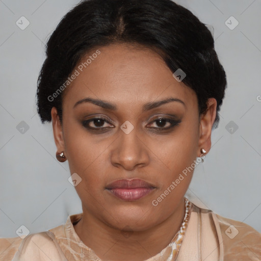 Joyful latino young-adult female with short  brown hair and brown eyes