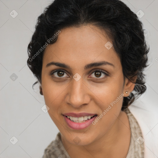 Joyful latino young-adult female with long  brown hair and brown eyes