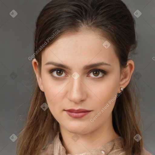 Neutral white young-adult female with long  brown hair and brown eyes