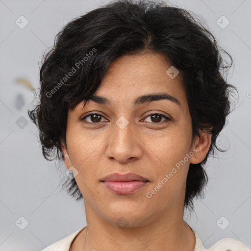 Joyful asian adult female with medium  brown hair and brown eyes
