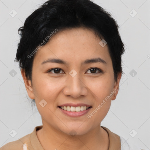 Joyful asian young-adult female with short  brown hair and brown eyes