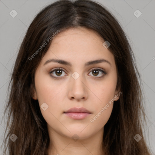 Neutral white young-adult female with long  brown hair and brown eyes