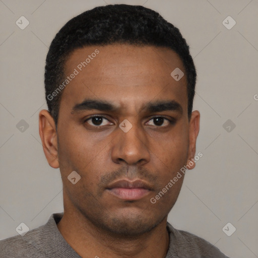 Neutral latino young-adult male with short  black hair and brown eyes