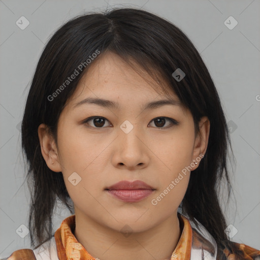 Neutral asian young-adult female with medium  brown hair and brown eyes