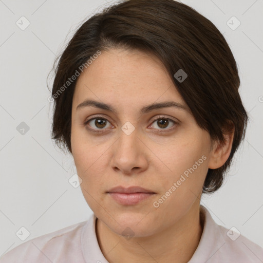 Neutral white young-adult female with medium  brown hair and brown eyes