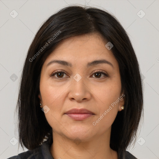 Joyful white adult female with medium  brown hair and brown eyes