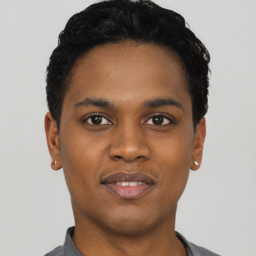 Neutral black young-adult male with short  black hair and brown eyes