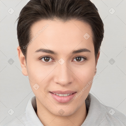 Joyful white young-adult female with short  brown hair and brown eyes