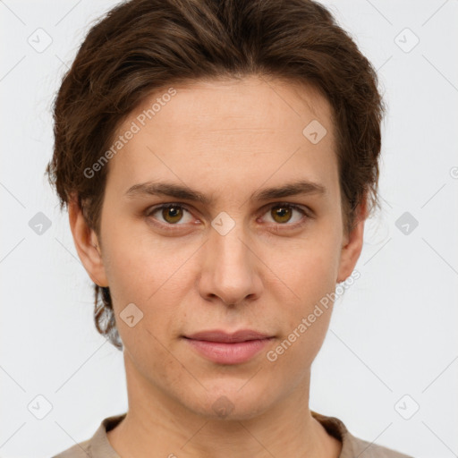 Joyful white young-adult female with short  brown hair and grey eyes