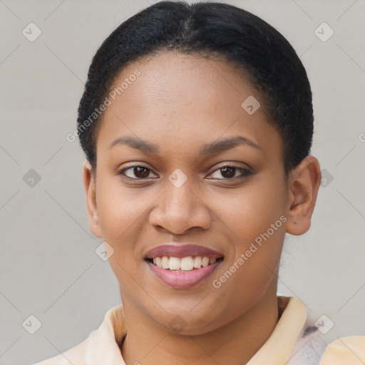 Joyful latino young-adult female with short  brown hair and brown eyes