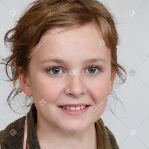 Joyful white child female with medium  brown hair and blue eyes