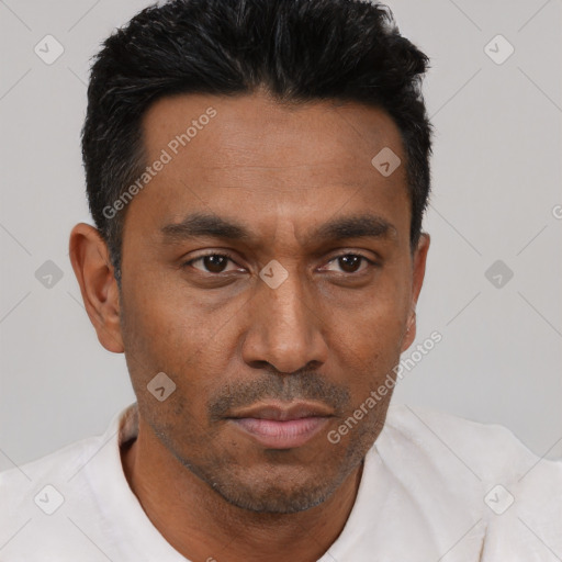 Neutral black adult male with short  black hair and brown eyes
