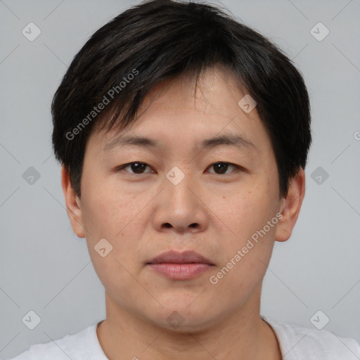 Neutral asian young-adult male with short  brown hair and brown eyes