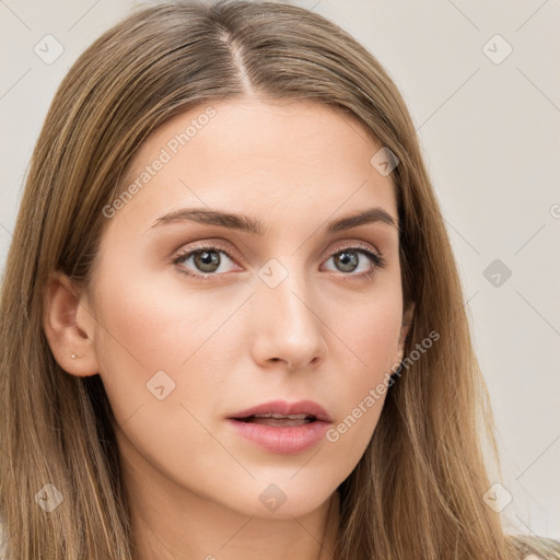 Neutral white young-adult female with long  brown hair and brown eyes