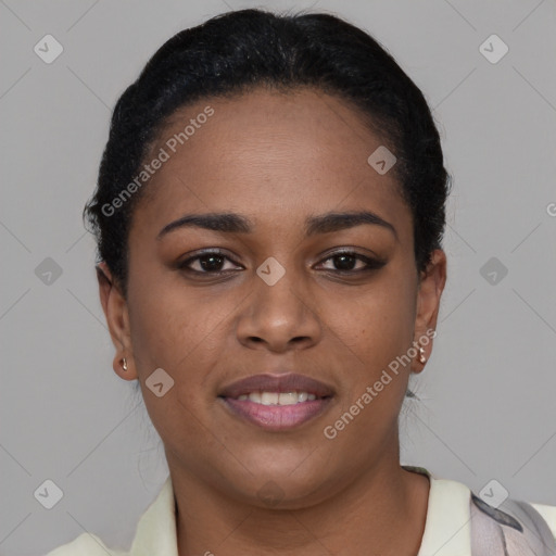 Joyful black young-adult female with short  brown hair and brown eyes