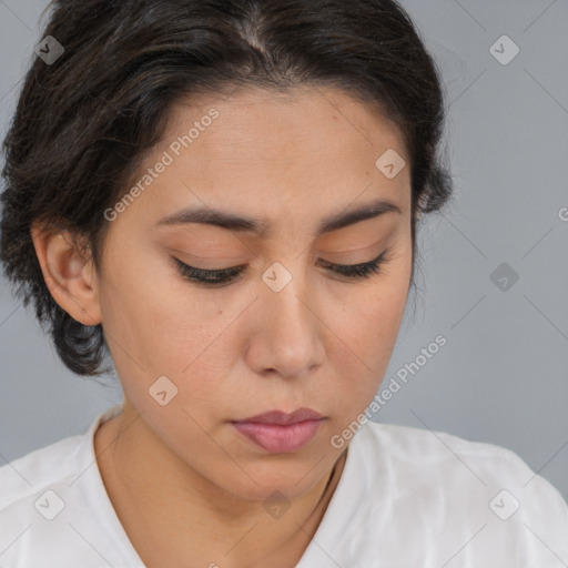 Neutral white young-adult female with short  brown hair and brown eyes